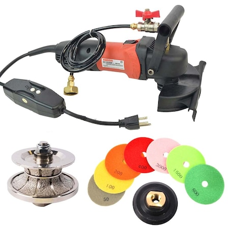 Hardin 4" Var Spd Polisher, 1-1/4" Full Bullnose Dmnd Profile Wheel & 8 pc 4" Dmnd Polishing Pad Set V30WVPOLSET